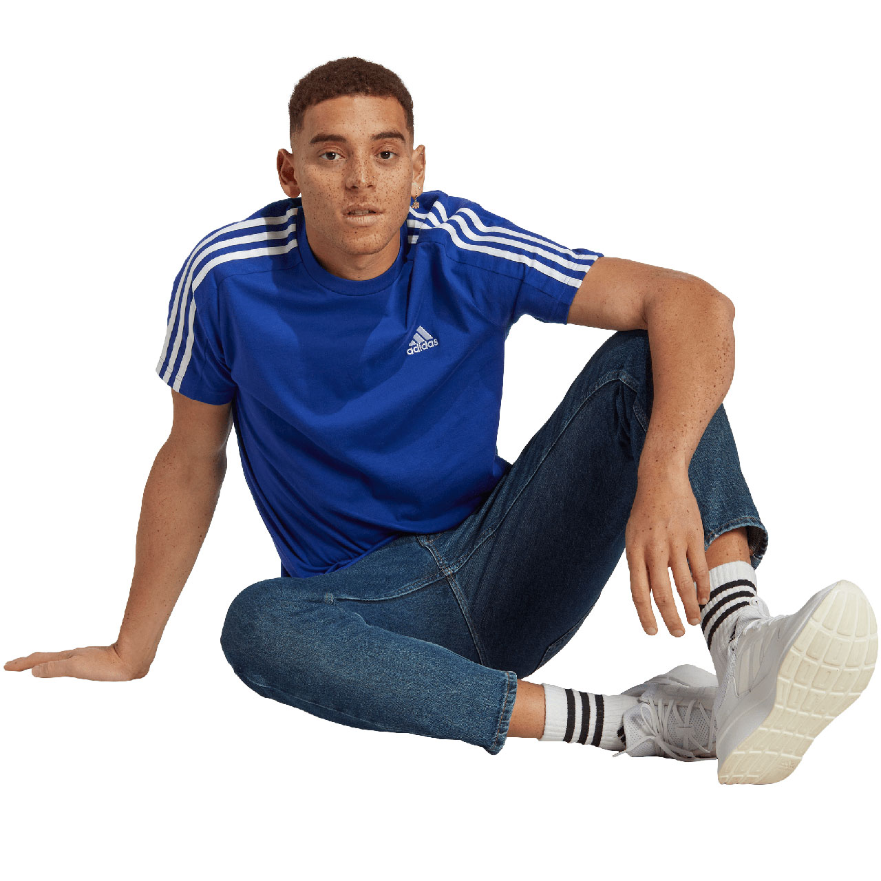 Koszulka męska adidas Essentials Single Jersey 3-Stripes niebieska – ujęcie 3