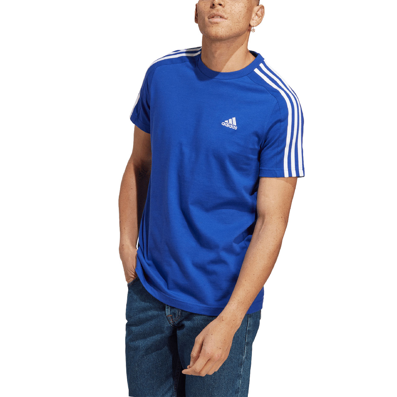 Koszulka męska adidas Essentials Single Jersey 3-Stripes niebieska – ujęcie 4