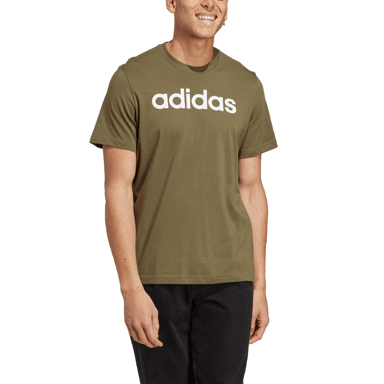 Koszulka męska adidas Essentials Single Jersey Linear Embroidered Logo Tee zielona – ujęcie 3