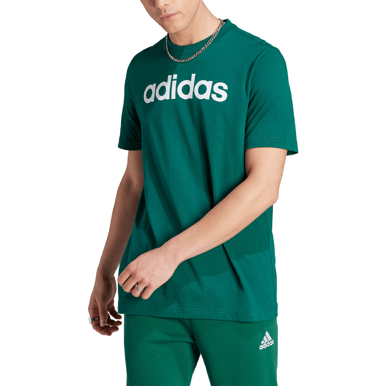 Koszulka męska adidas Essentials Single Jersey Linear Embroidered Logo Tee zielona – ujęcie 3