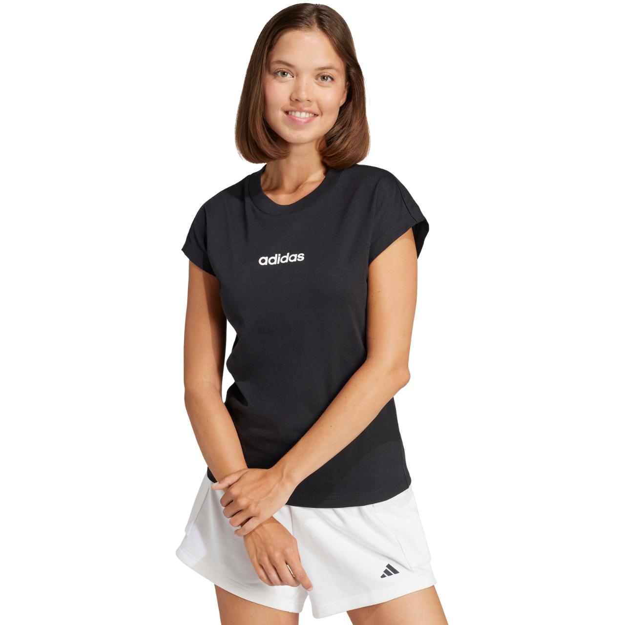 Koszulka damska adidas Essentials Linear Cotton czarna – minimalistyczny nadruk adidas