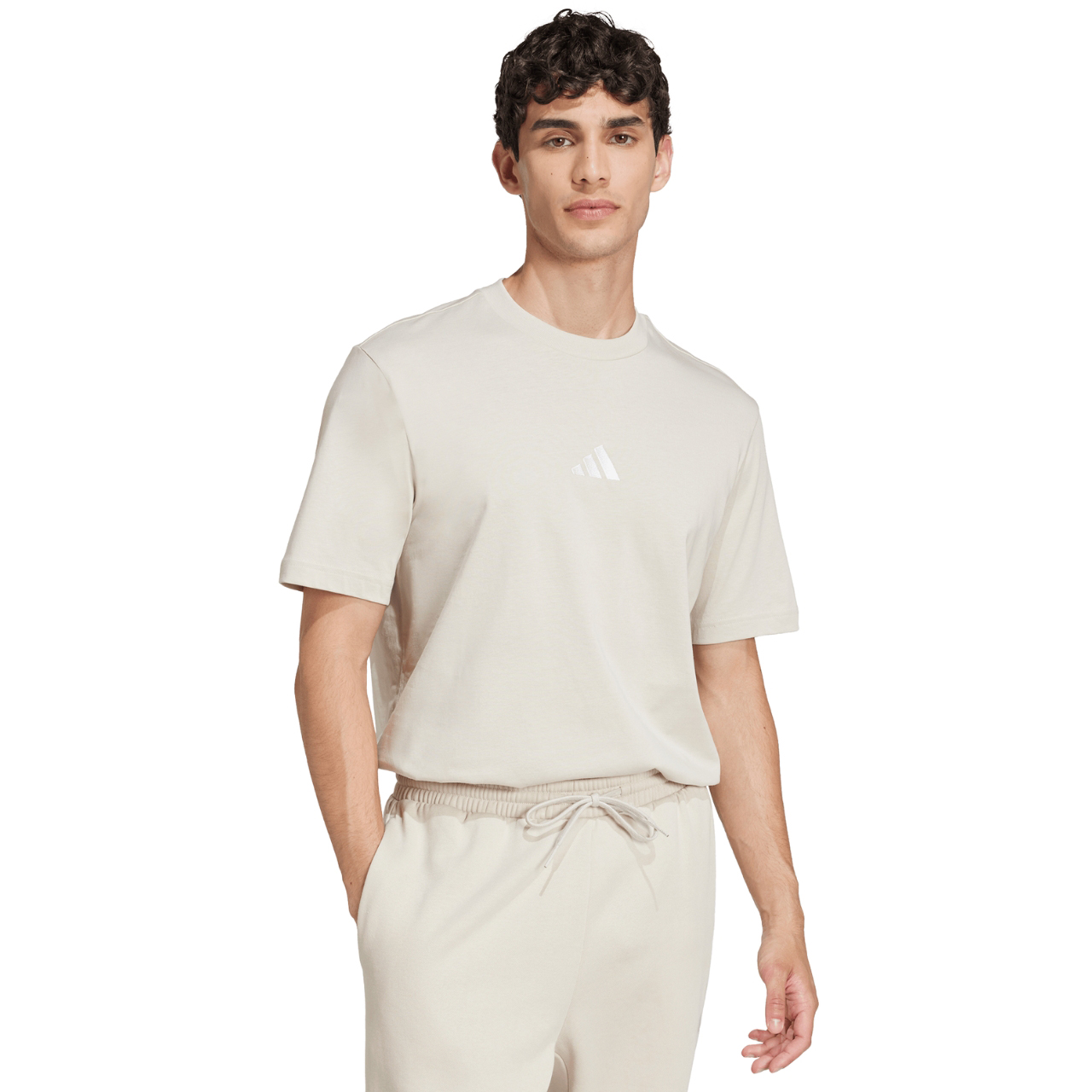 Koszulka męska adidas Essentials Small Logo Single Jersey beżowa – ujęcie 4