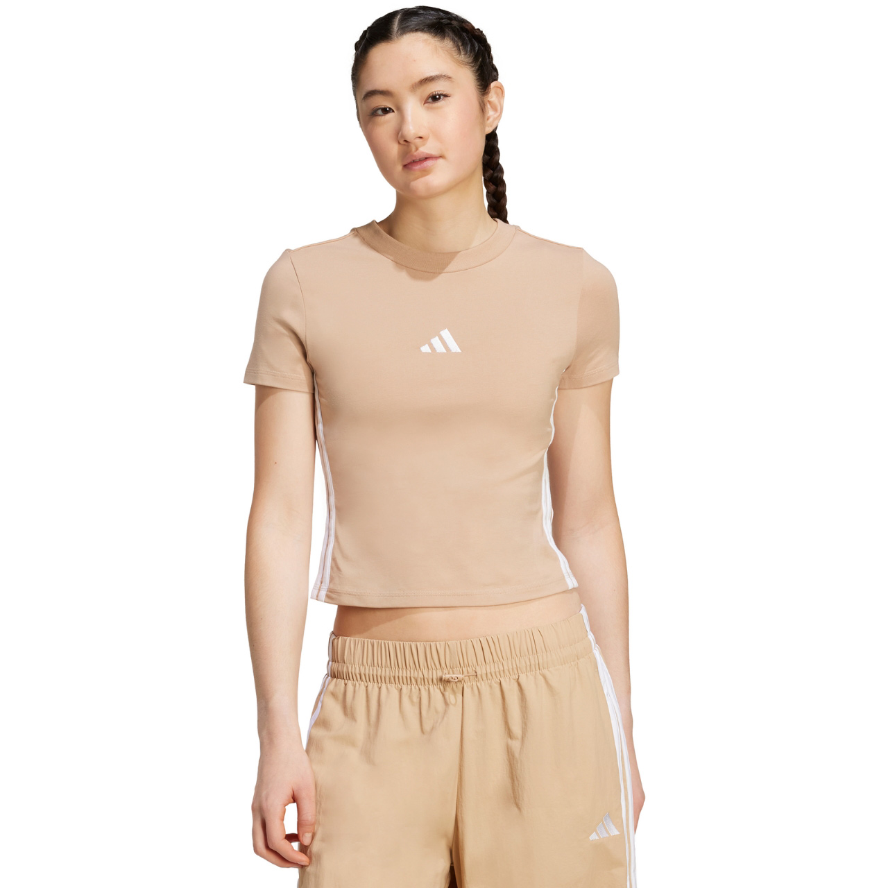 Koszulka damska adidas Essentials 3-Stripes Slim Baby beżowa