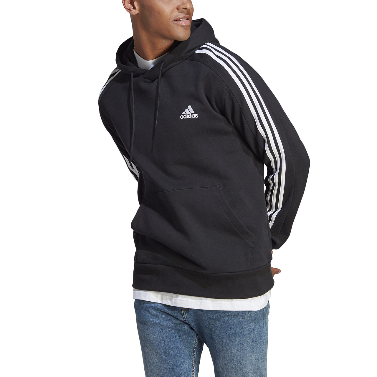 Bluza męska adidas Essentials French Terry 3-Stripes Hoodie czarna – ujęcie 2