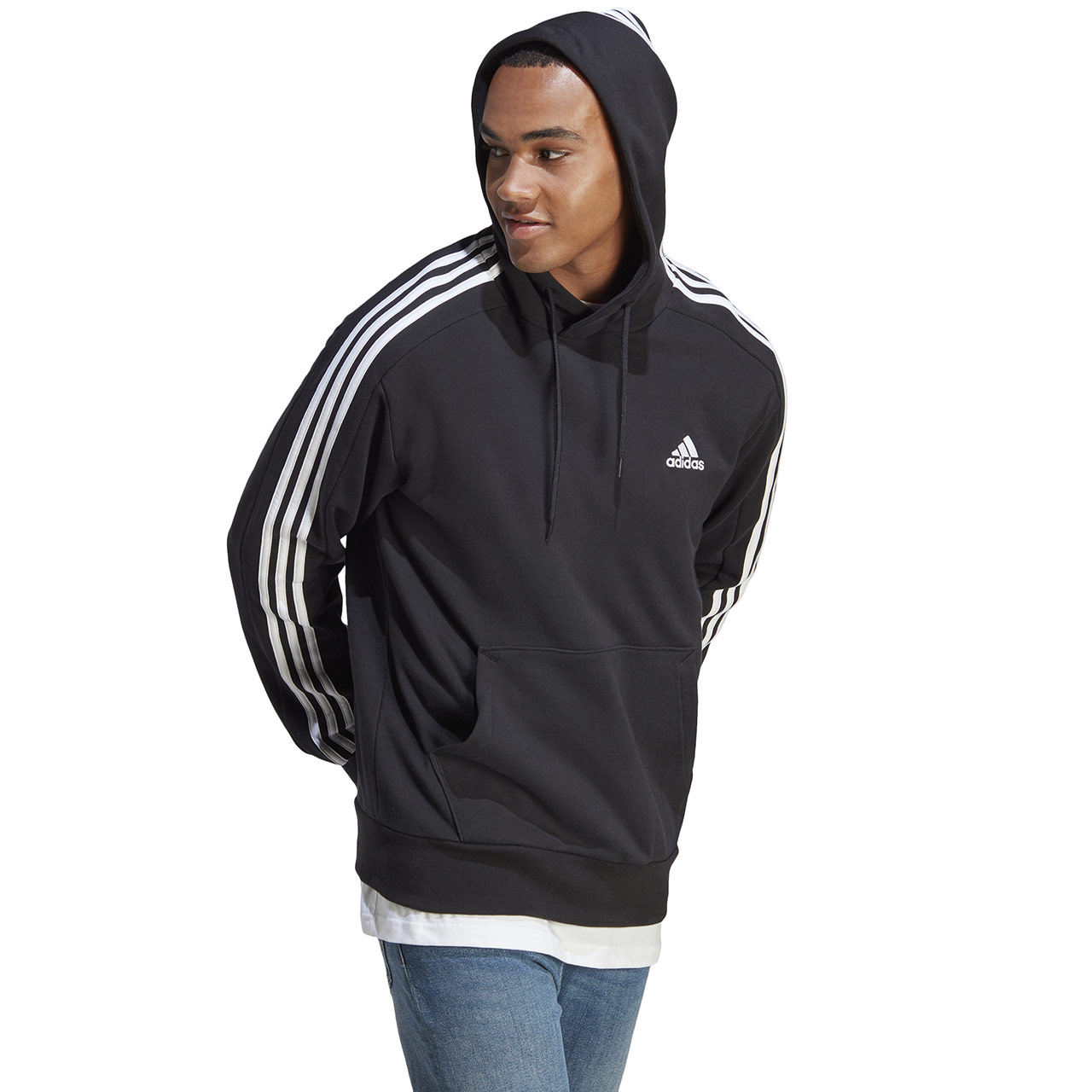 Bluza męska adidas Essentials French Terry 3-Stripes Hoodie czarna – ujęcie 3