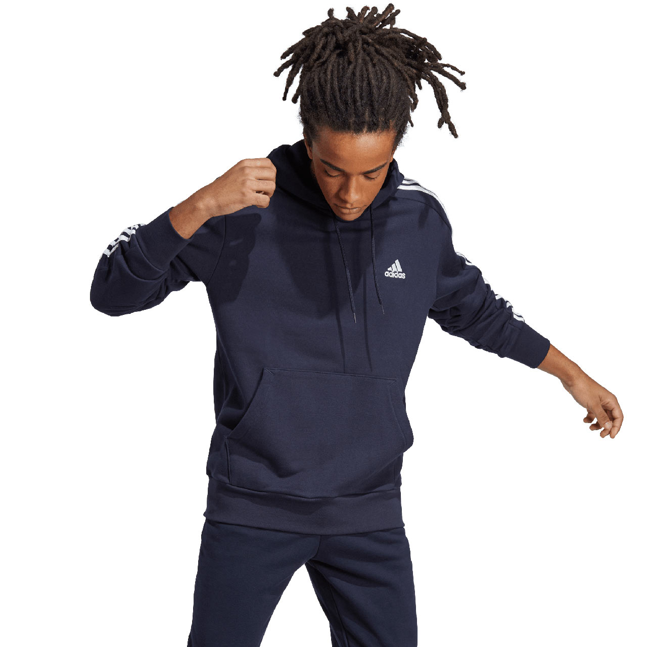 Bluza męska adidas Essentials French Terry 3-Stripes Hoodie granatowa – ujęcie 3