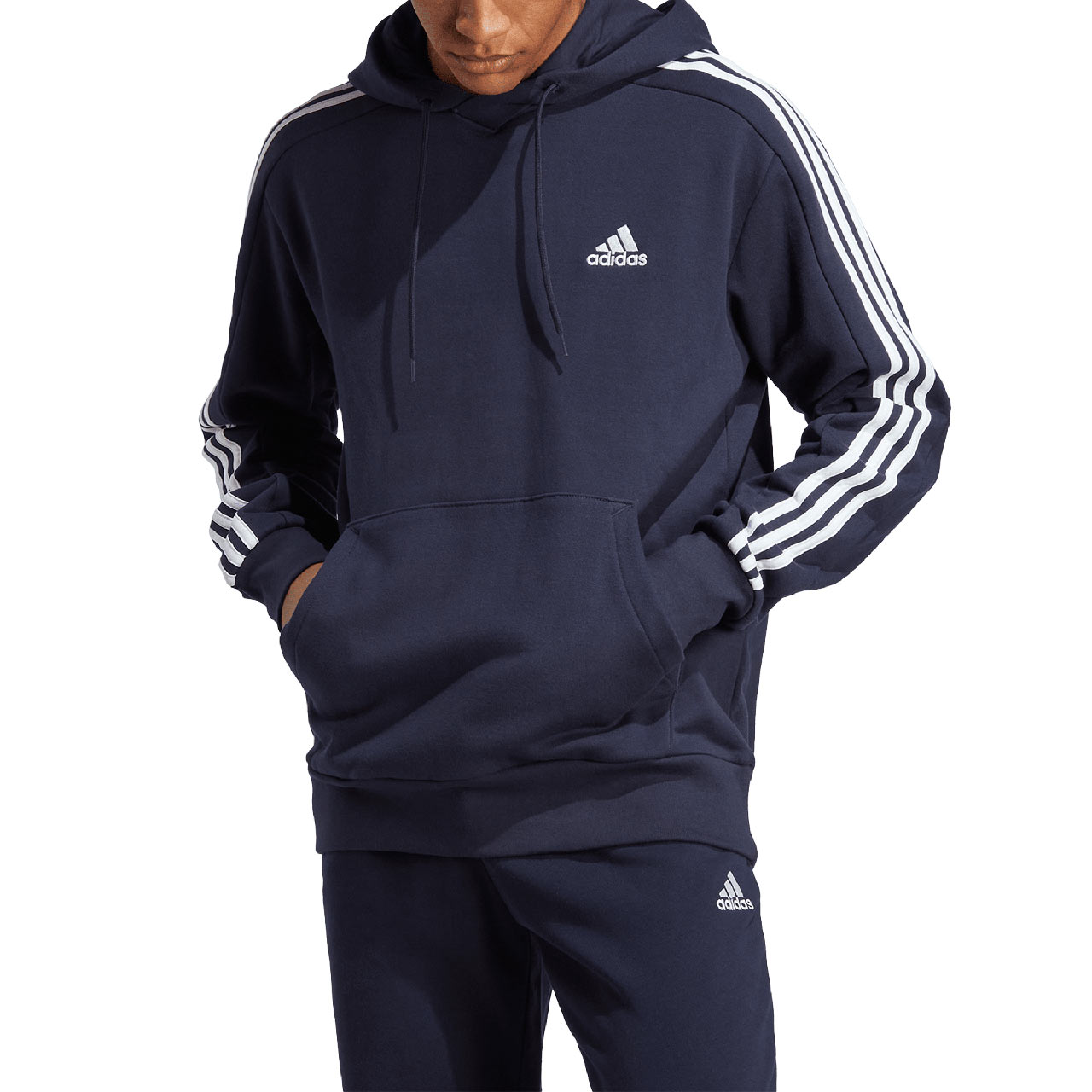 Bluza męska adidas Essentials French Terry 3-Stripes Hoodie granatowa – ujęcie 4