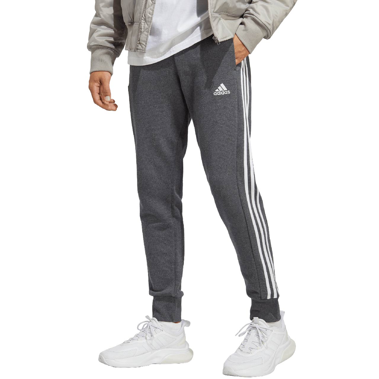 Spodnie męskie adidas Essentials French Terry Tapered Cuff 3-Stripes szare – ujęcie 3