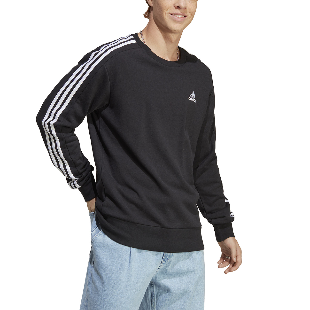 Bluza męska adidas Essentials French Terry 3-Stripes czarna – ujęcie 3