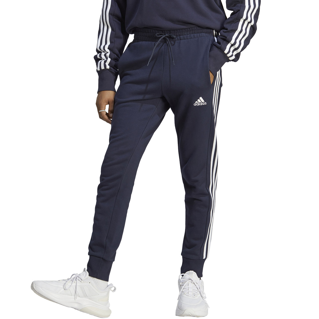 Spodnie męskie adidas Essentials French Terry Tapered Cuff 3-Stripes granatowe – ujęcie 3