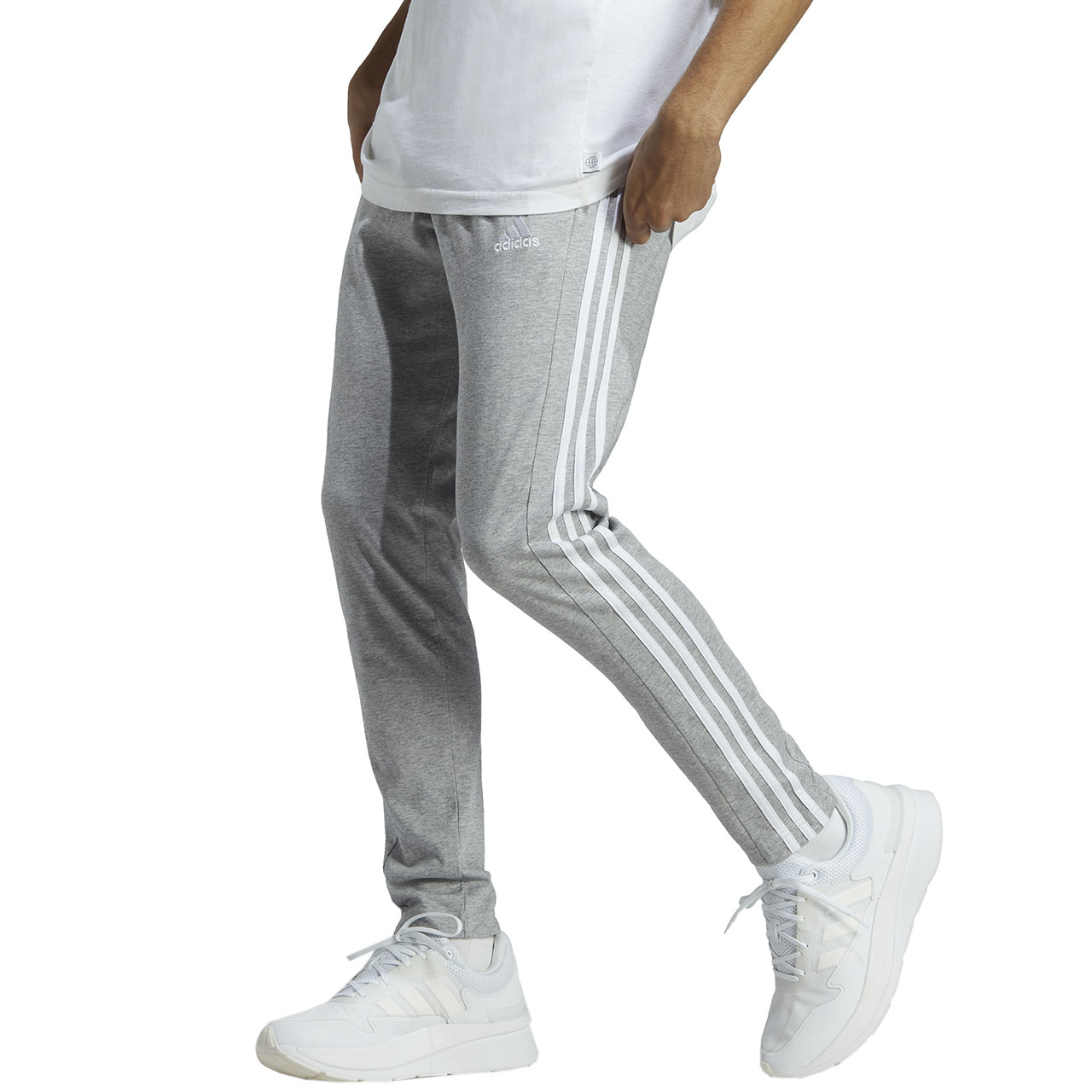 Spodnie męskie adidas Essentials Single Jersey Tapered Open Hem 3-Stripes szare – ujęcie 3
