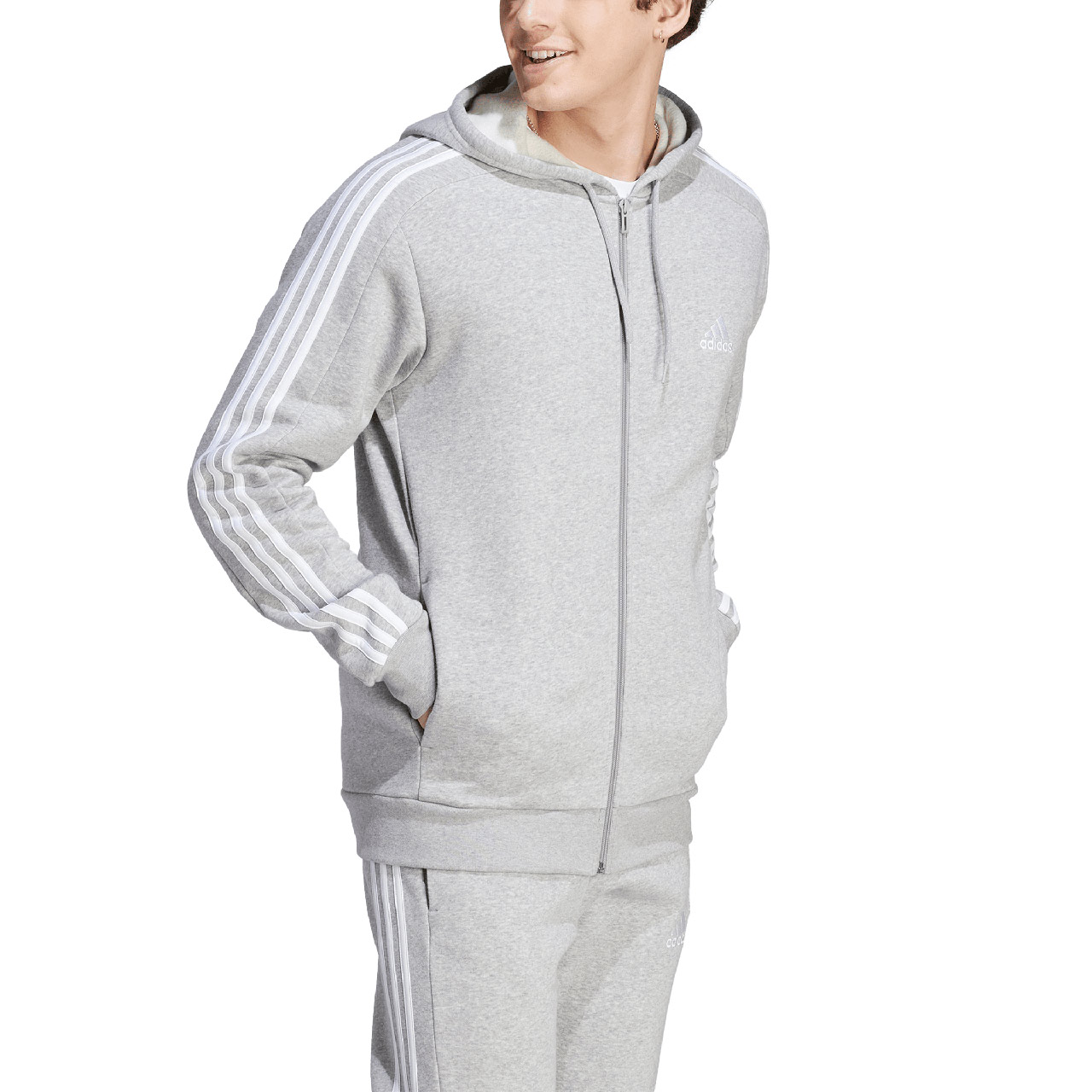 Bluza męska adidas Essentials Fleece 3-Stripes Full-Zip szara – ujęcie 3