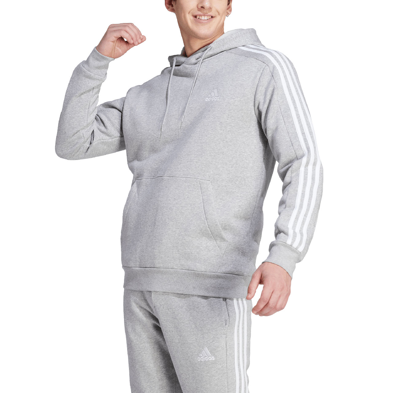 Bluza męska adidas Essentials Fleece 3-Stripes Hoodie szara – ujęcie 3