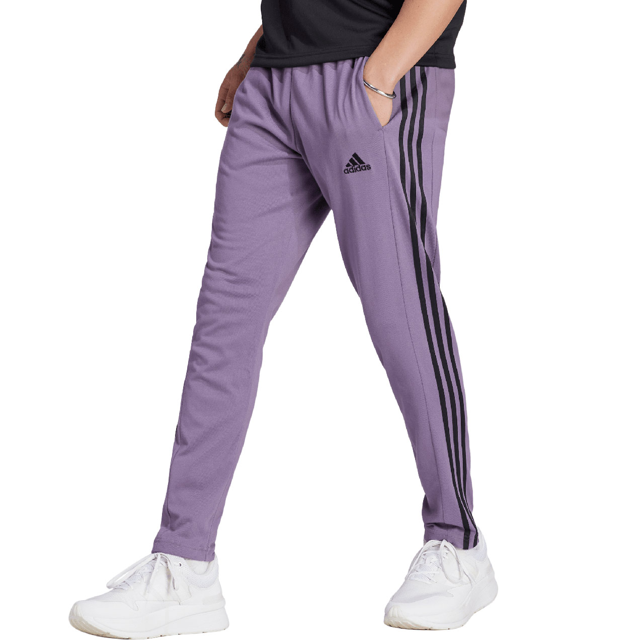 Spodnie męskie adidas Essentials Single Jersey Tapered Open Hem 3-Stripes fioletowe – ujęcie 3