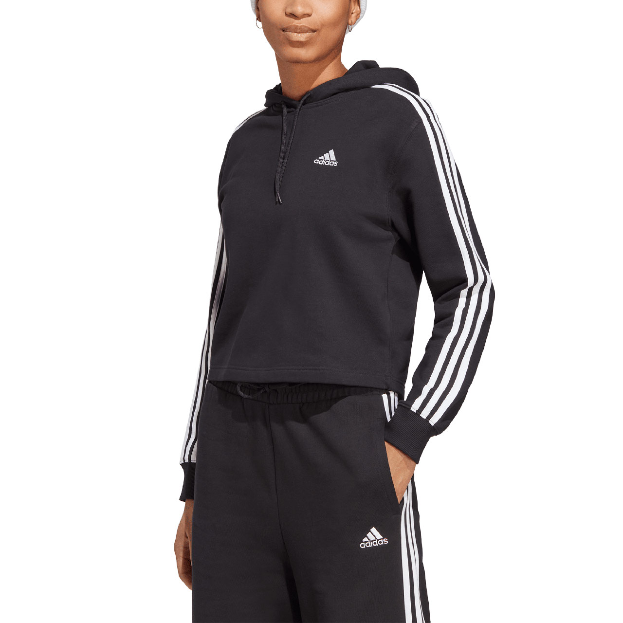 Bluza damska adidas Essentials 3-Stripes French Terry Crop Hoodie czarna – ujęcie 3