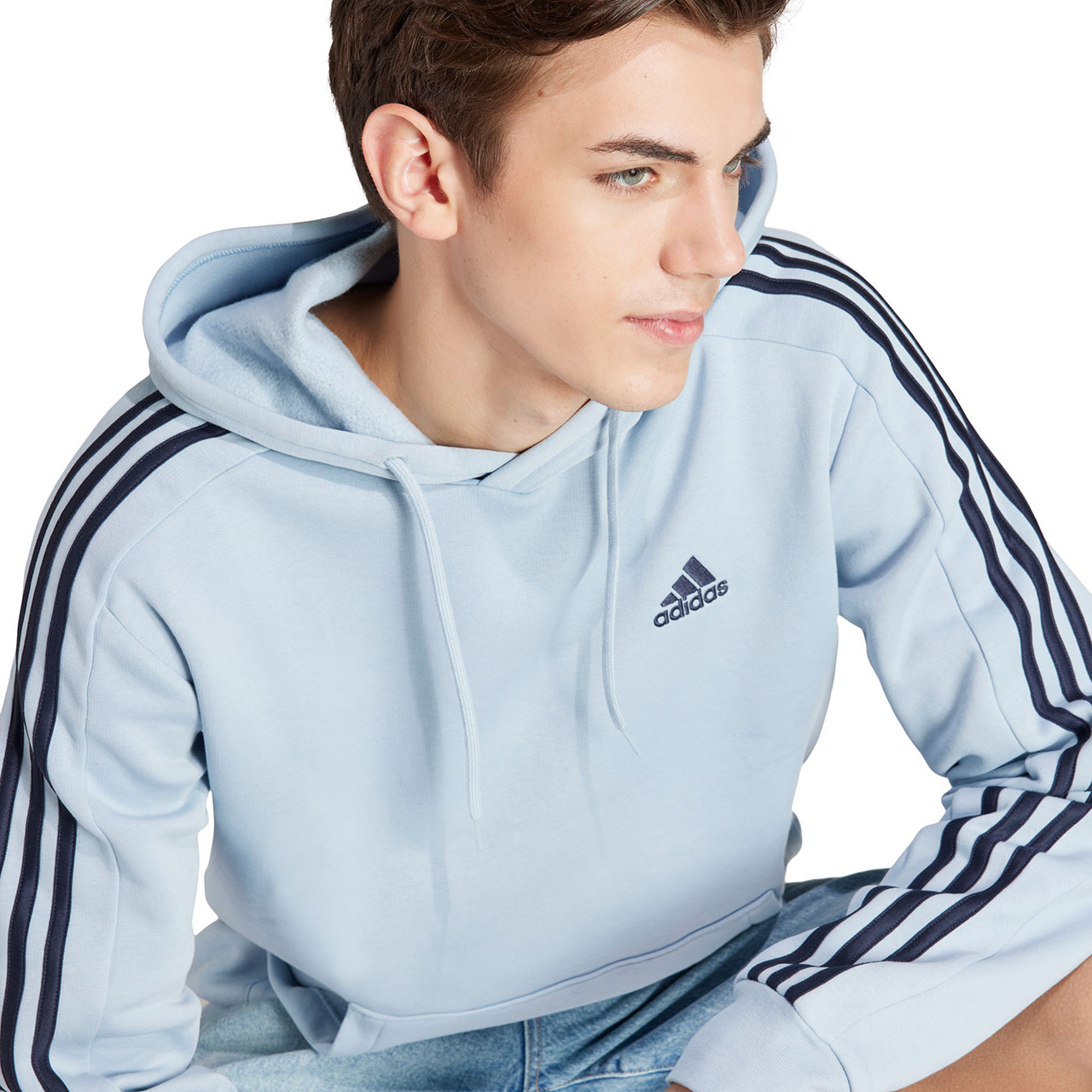 Bluza męska adidas Essentials Fleece 3-Stripes Hoodie niebieska – ujęcie 4