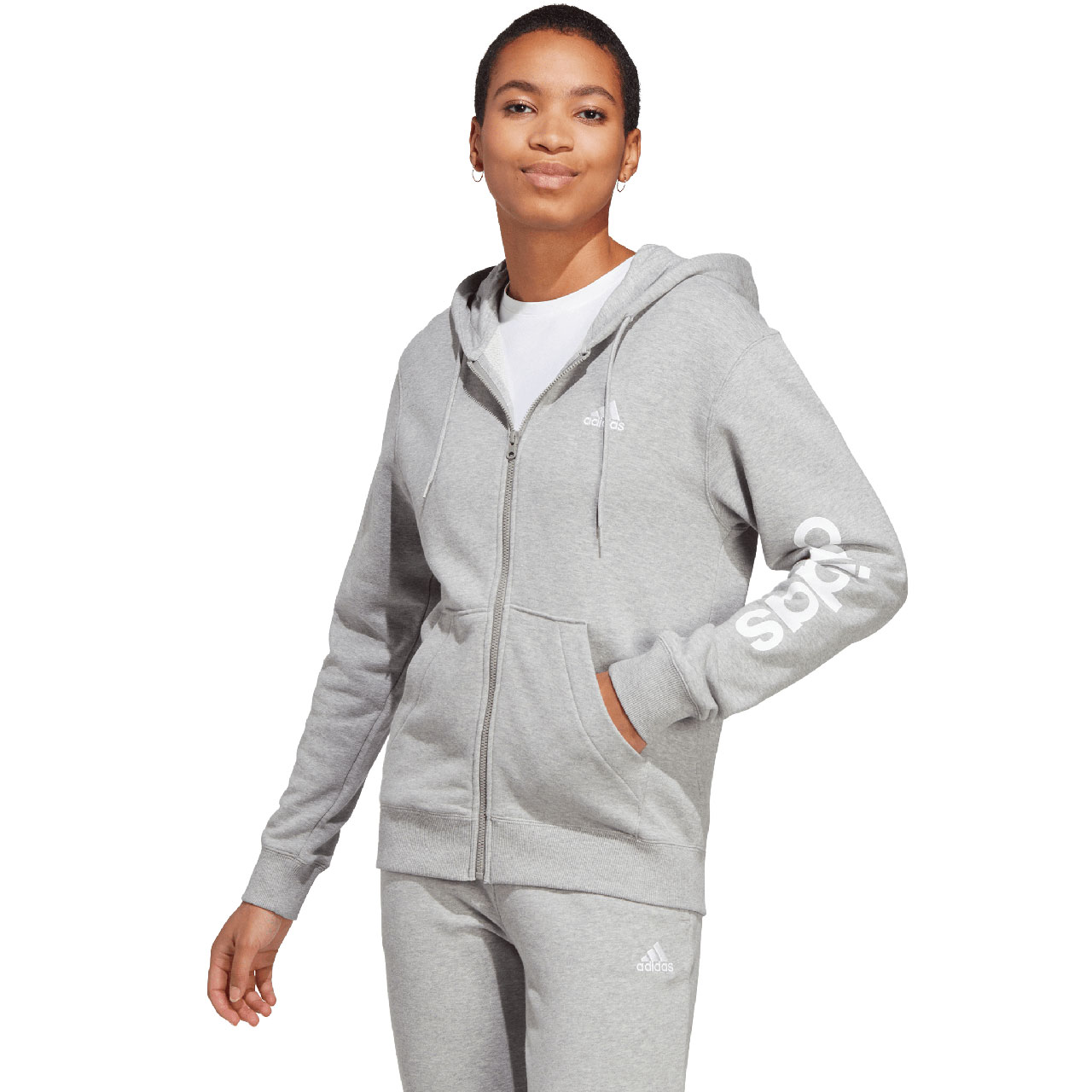 Bluza damska adidas Essentials Linear Full-Zip French Terry Hoodie szara – ujęcie 3